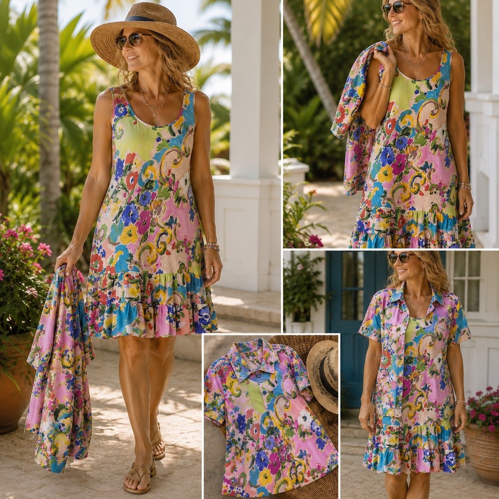 Vtg Jams World Dress & Shirt 2XL Flower Kiss Pattern Ruffle Hawaiian Resortwear - Picture 2 of 14